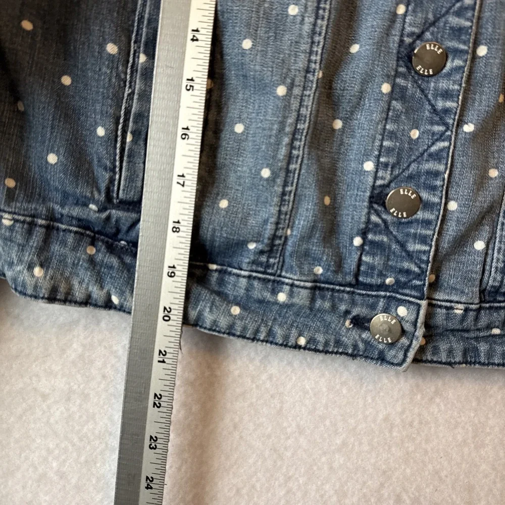 Elle Polka Dot Distressed Blue‎ Denim Trucker Jacket L Retro Chic Indie Sleaze